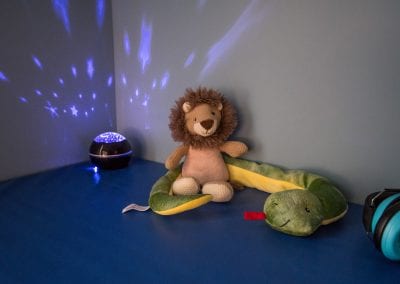 Sensory items in the sensory therapy room at PUCK. Photo description: Close up of sensory therapy items - a nightlight casting soft blue patterns onto the wall, a soft stuffed lion, a soft stuffed snake, and a pair of sound-blocking headphones.