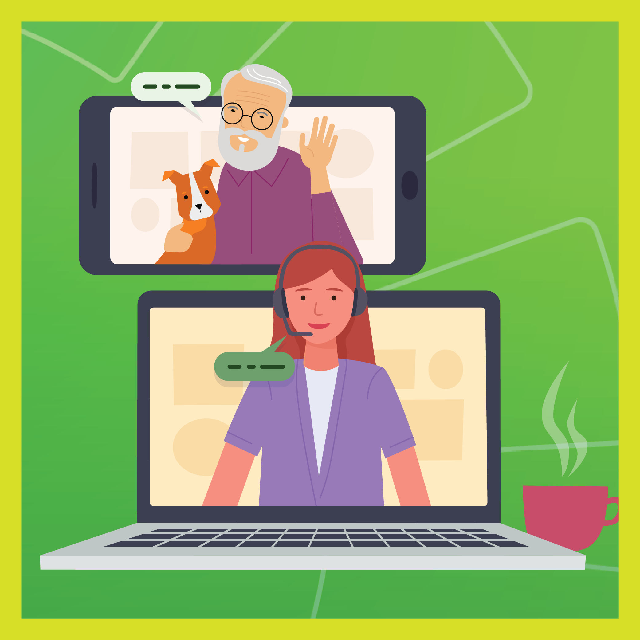 Graphic showing image of a mental health counselor speaking to an elderly man with a dog using video conferencing technology - a computer with a camera