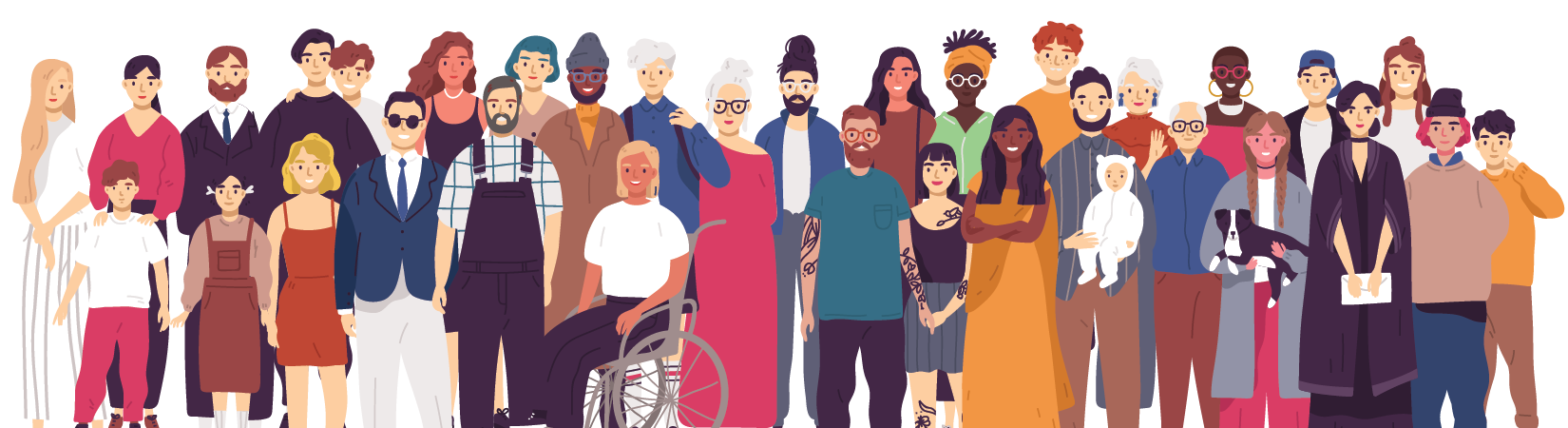 Image Description: A colorful, modern illustration of a large, diverse group of people representing Vermonters. There are many different ages, genders, races, and other demographics represented in the illustration