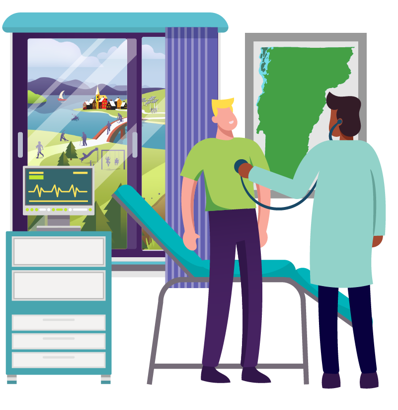 Illustration - OneCare Core Business Area - the Statewide Care Model - showing a doctor taking care of a male patient checking his heart beat with a stethoscope. Next to the patient is a window showing Vermonters in healthy communities engaging in activities promoting healthier lifestyles.