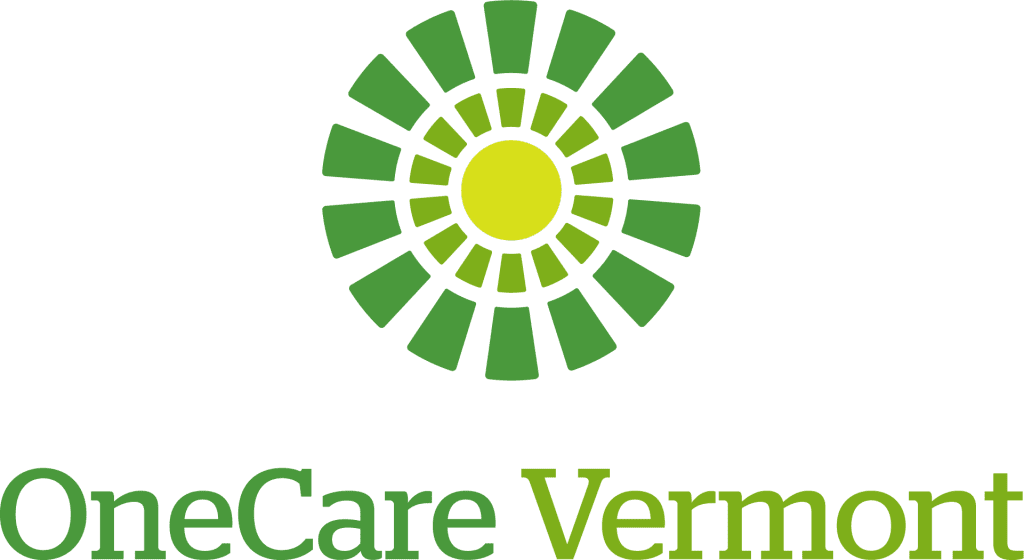 OneCare Vermont, vertical version, showing the OneCare Sunburst over the words OneCare Vermont