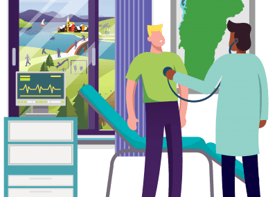 Larger Version Illustration - OneCare Core Business Area - the Statewide Care Model - showing a doctor taking care of a male patient checking his heart beat with a stethoscope. Next to the patient is a window showing Vermonters in healthy communities engaging in activities promoting healthier lifestyles.