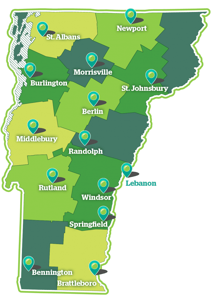 A map of Vermont that shows the boundaries of the health service areas in the state, and the locations - marked with pins - of the hospitals that participate in OneCare.