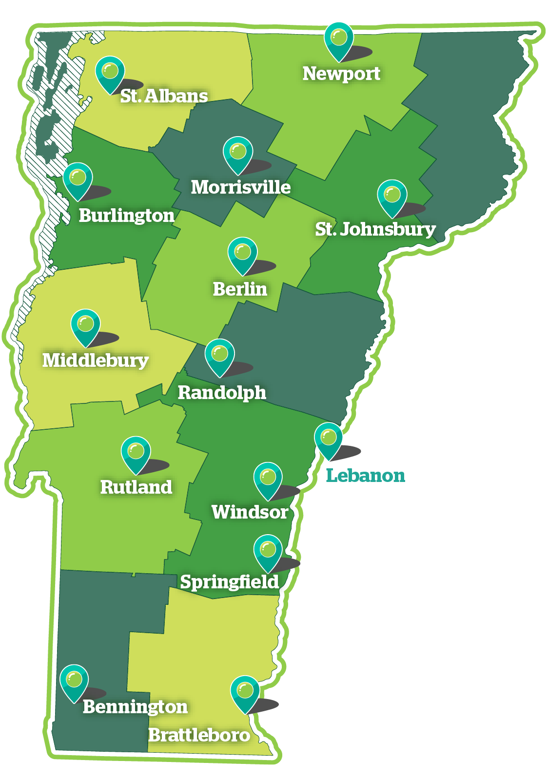 A map of Vermont that shows the boundaries of the health service areas in the state, and the locations - marked with pins - of the hospitals that participate in OneCare. These HSAs include, starting from the northern part of Vermont going south: St. Albans, Newport, Burlington, Morrisville, St. Johnsbury, Berlin, Middlebury, Randolph, Rutland, Windsor, Lebanon, Springfield, Bennington, and Brattleboro. 