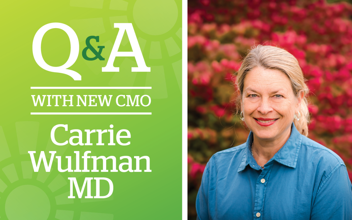 Cover Image - Questions and Answers with OneCare New Chief Medical Officer Carrie Wulfman, MD. Right side is photo of smiling woman in light blue button up shirt with background of red leaves