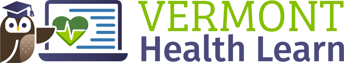 Vermont Health Learn logo with an owl in a graduation cap pointing toward a computer. Below the words "Vermont Health Learn" in green and purple.