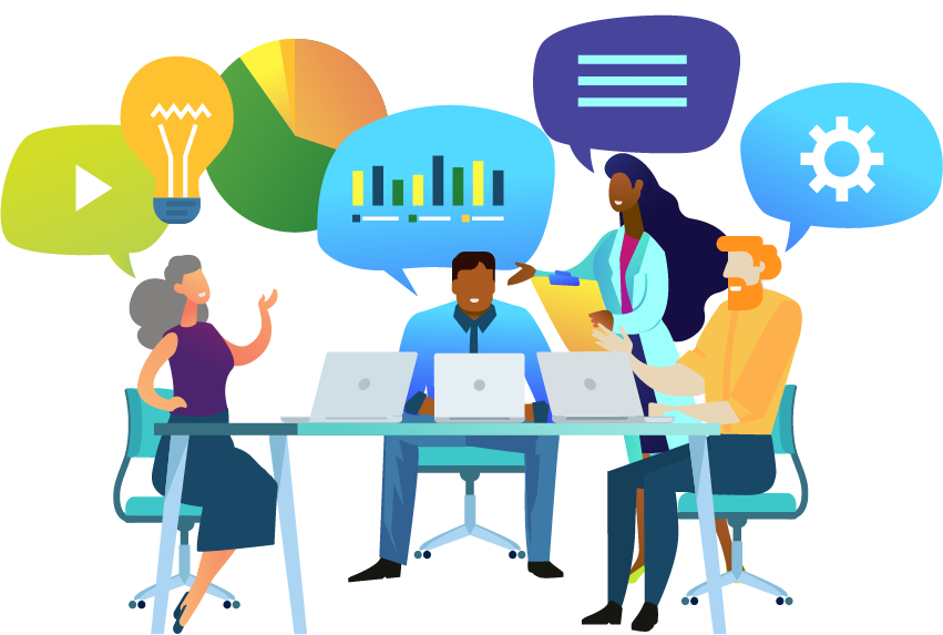 Illustration of collaboration concept - A group of health care professionals and specialists are sitting around a table discussing ideas, facts, statistics and strategies.