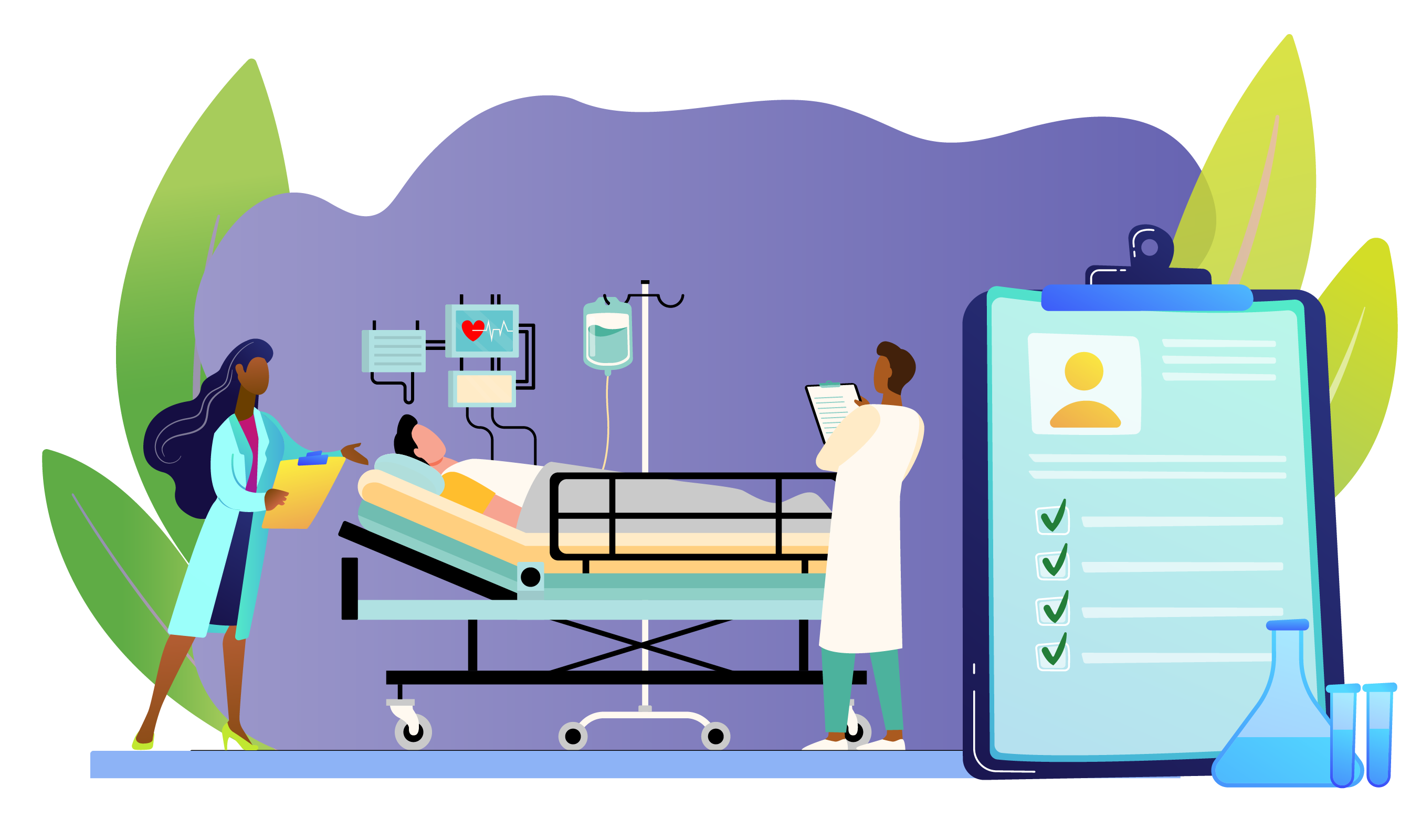 Illustration of Two Doctors Attending to a Patient in a Hospital Bed in the Emergency Department